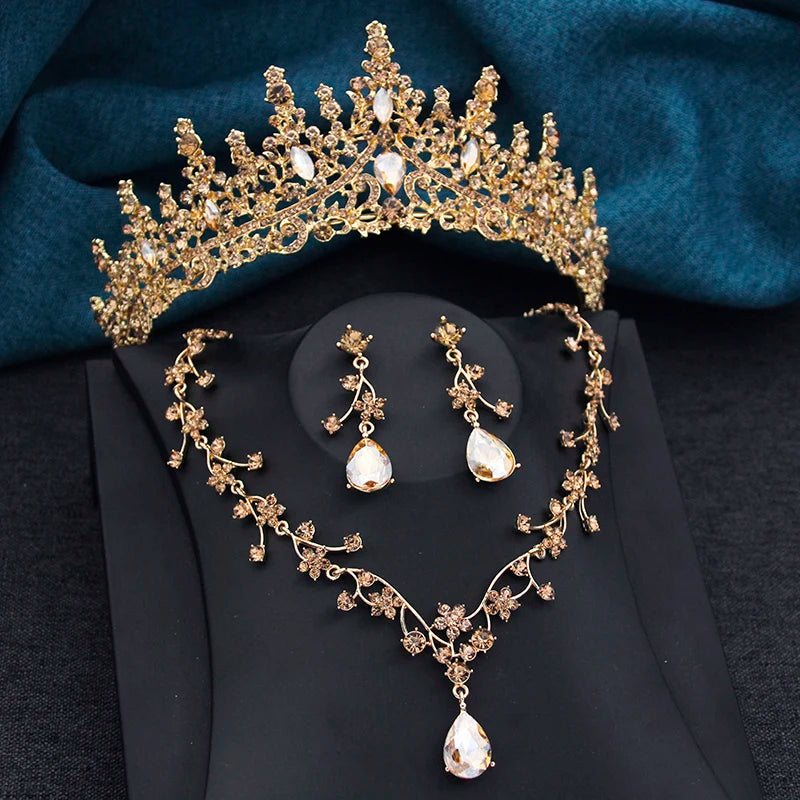 Elegant Silver Color Crystal Bridal Jewelry Sets Princess Tiara Crown and Necklace Earrings Sets for Bridal Wedding Prom Gifts