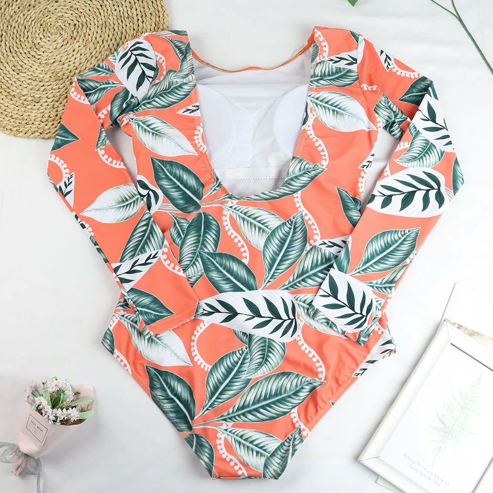 TYAKKVE Surf Swimwear Rash Guard Long Sleeve One Piece Swimsuit For Women Print High Neck Bodysuits Swim Suits Backless Monokini