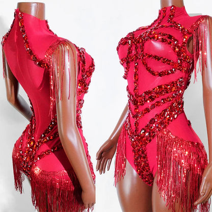 Sexy See-through Glitter Red Crystal Fringe Bodysuit High Elasticity Drag Queen Costume Festivals Outfit NightClub Dance Outfits