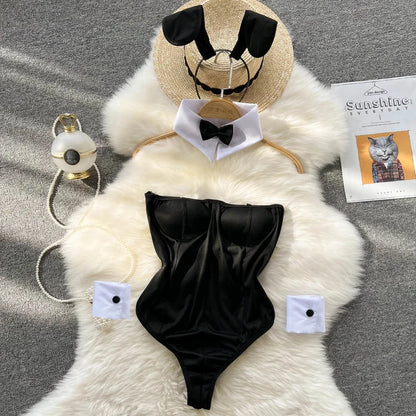 Cute Sweet Trend Cartoon Printed Jumpsuit Half High Collar Sleeveless Slim Fit Lingerie Bodycon Bodysuit Rompers Pajama Catsuits