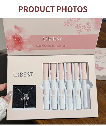 QIBEST 6Pcs/Box Matte Lipstick Sets And Mirror Watery Lip Glaze Lasting Lip Makeup Sets Moisturizing Lipgloss Necklace Gift