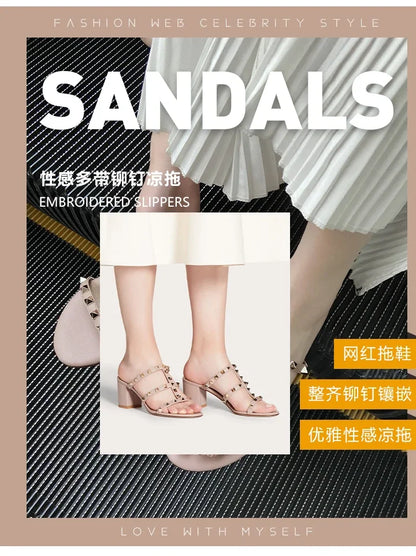 Women's Sandals Gladiator Summer With Heels Real Leather Rivets Luxury Brand High-heeled slippers Designer Silver Ladies Shoes