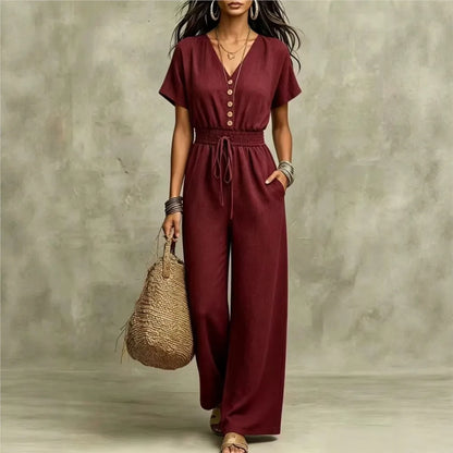 Elegant Women V-neck Buttons Jumpsuits summer solid short sleeve Drawstring wide leg Jumpsuit casual commuting Slim Rompers