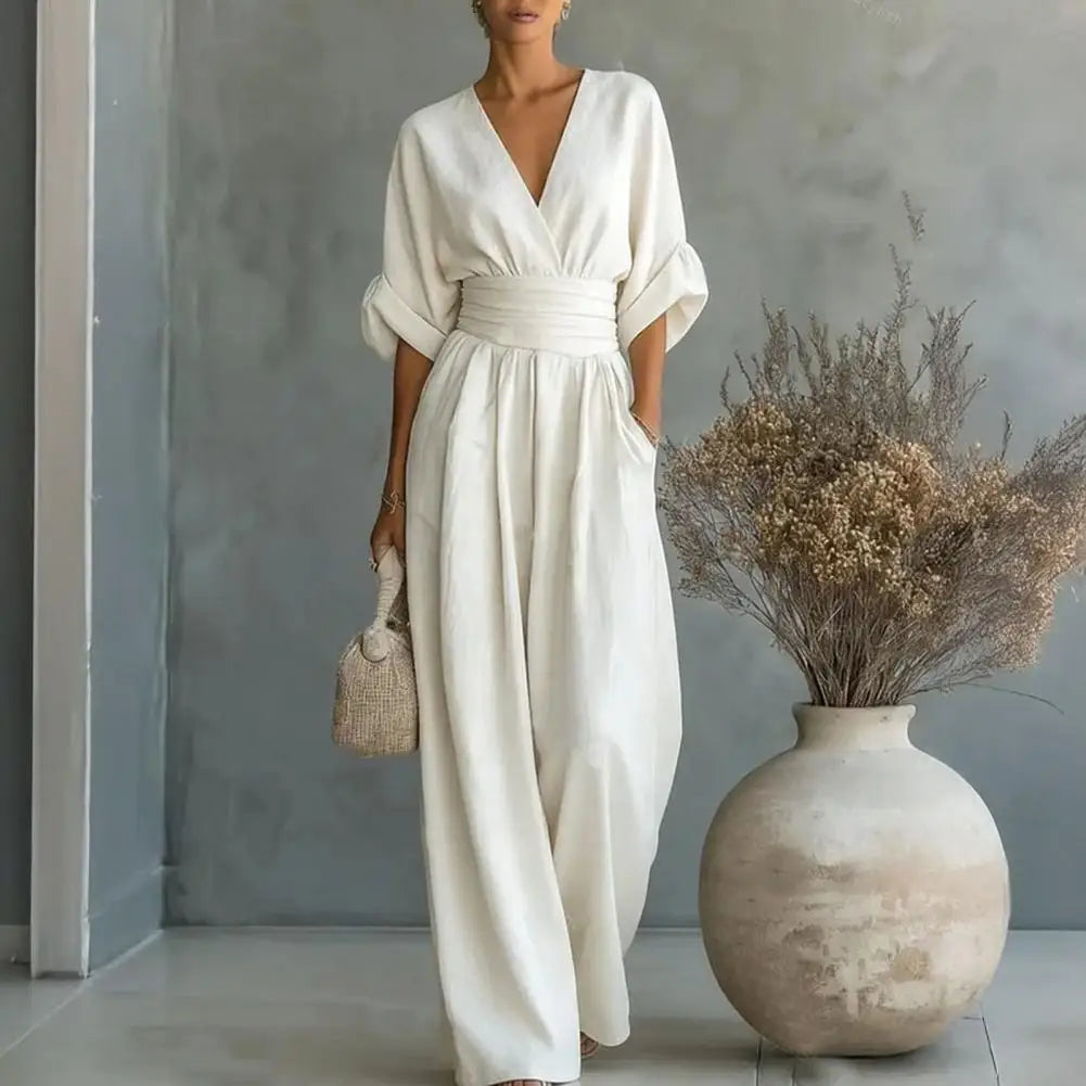 Women's One Piece Jumpsuits Casual V-Neck Short Sleeve Wide Leg Rompers Summer High Waist Beach Vacation Outfits with Pockets