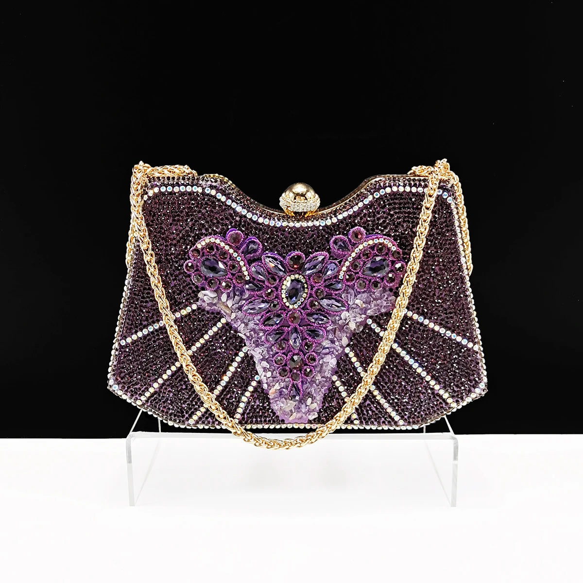 Queena Yan New Arrival Purple Color Rhinestone Decoration Design Party Wedding Lady Pointed Toe High Heels and Bag Set