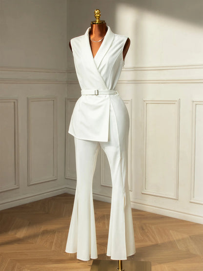 New Women V-neck Sleeveless Work Jumpsuit Elegant Lady Lapel Side Zip Split Flared Rompers Bodysuit for Club Vacation Daily Wear