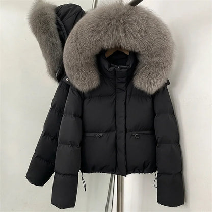 women's winter down jacket 2026 new detachable fox fur collar hooded women's down coat White duck down filled warm thick coat