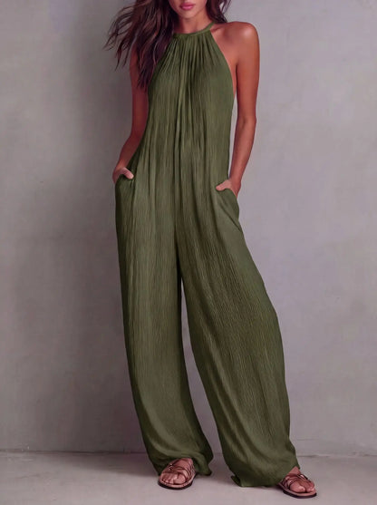 Women's Halter Sleeveless Jumpsuit New Beach Vacation Textured Overalls with Pockets Wide Leg Romper Casual Spring Summer Outfit