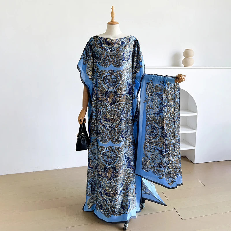 Fashion Summer Kaftan Dress for Women with Big Scarf Loose Abaya Muslim Casual Print Shawl Robe African Style Dubai Turkey