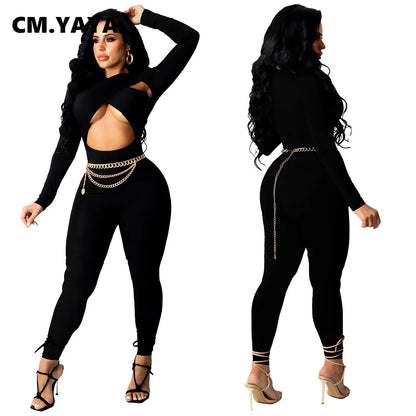 CM.YAYA Women Hollow Out Cross Sexy Party Clubwear Long Sleeve Jumpsuits 2024 Winter Autumn Street Crop One Piece Suit Rompers