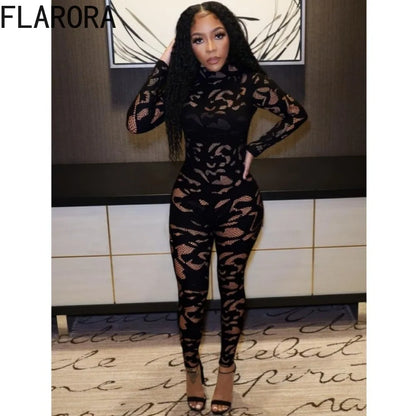 FLARORA Sexy Lace See Through Patchwork Jumpsuits Woman Round Neck Full Sleeve Bodycon Peach Hip Hottie Stretch Street Clubwear