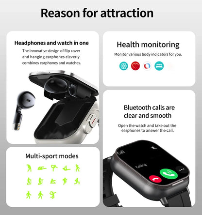BT Call Blue Tooth Headphones Watches 2.01" Headset 2 in 1 Smart Watch Heart Rate Sport Fitness Bracelet TWS Earphone Smartwatch
