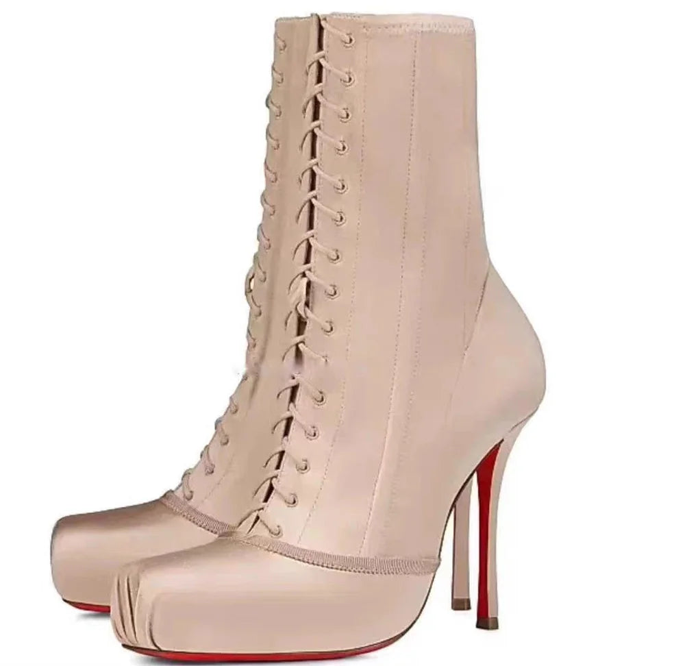 Women Square Toe Lace‑Up Ankle Booties Stiletto High Heels Platform Fashion Party Nightclub Ladies Dress Shoes Zapatos Mujer