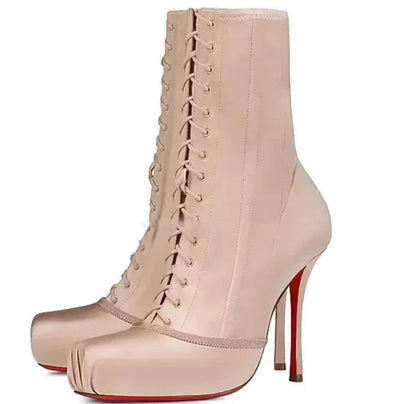 Women Square Toe Lace‑Up Ankle Booties Stiletto High Heels Platform Fashion Party Nightclub Ladies Dress Shoes Zapatos Mujer
