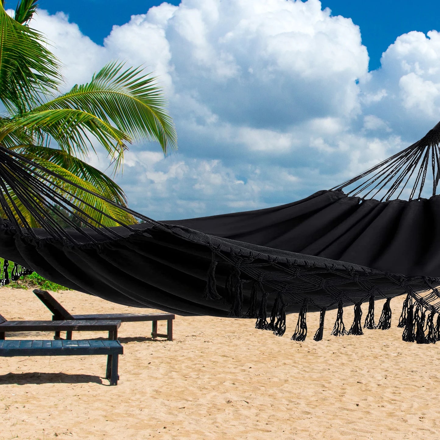 Macrame Fringe Hammock Boho Balcony Hammock Handmade Tassels Hammock 2 Person Double Hammock for Home Outdoor Backyard Beach