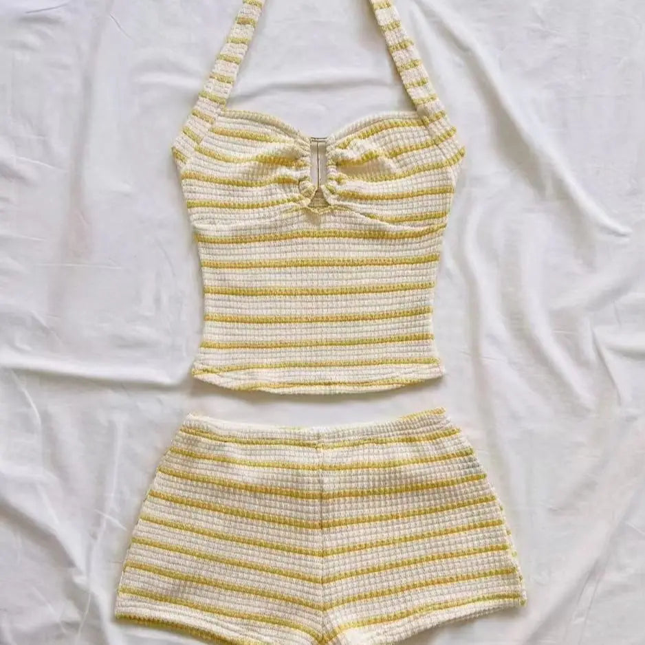 Summer Textured Knit Halter Top And Shorts Set Women Striped Sleeveless Backless Holiday Beach Two Piece Outfit
