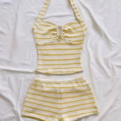 Summer Textured Knit Halter Top And Shorts Set Women Striped Sleeveless Backless Holiday Beach Two Piece Outfit