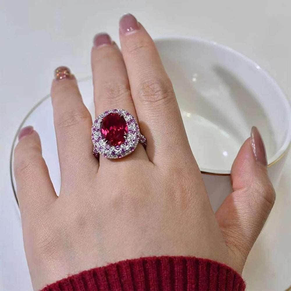 Wong Rain Luxury 925 Sterling Silver Oval Cut 8*12 MM Ruby High Carbon Diamond Gems Ring for Women Fine Jewelry Anniversary Gift