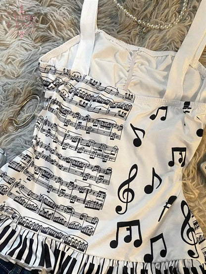 Y2K Music Note Print Cami Top Women White Ruched Bust Bow Piano Key Ruffle Hem Slim Fit Sleeveless Summer Streetwear Tank Top