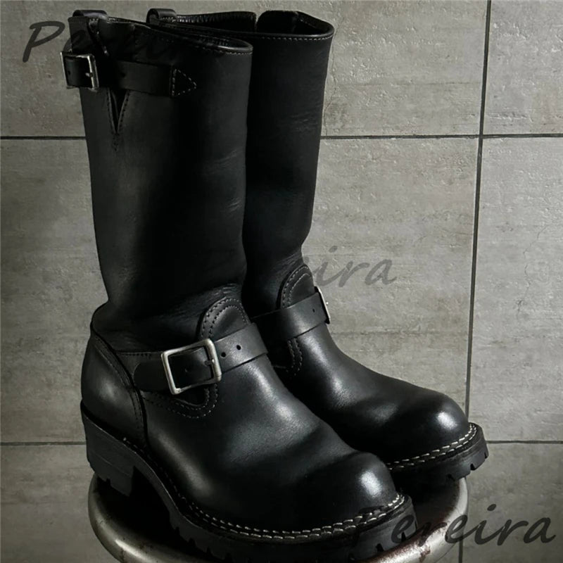 Metal Belt Buckle Sleeve Knight Boots for Men Retro Thick Soled Height Increasing Motorcycle Boots Autumn Winter Male Shoes