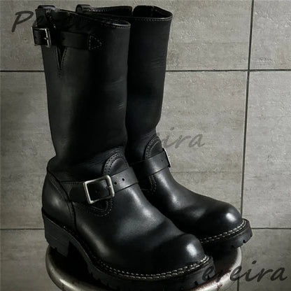 Metal Belt Buckle Sleeve Knight Boots for Men Retro Thick Soled Height Increasing Motorcycle Boots Autumn Winter Male Shoes