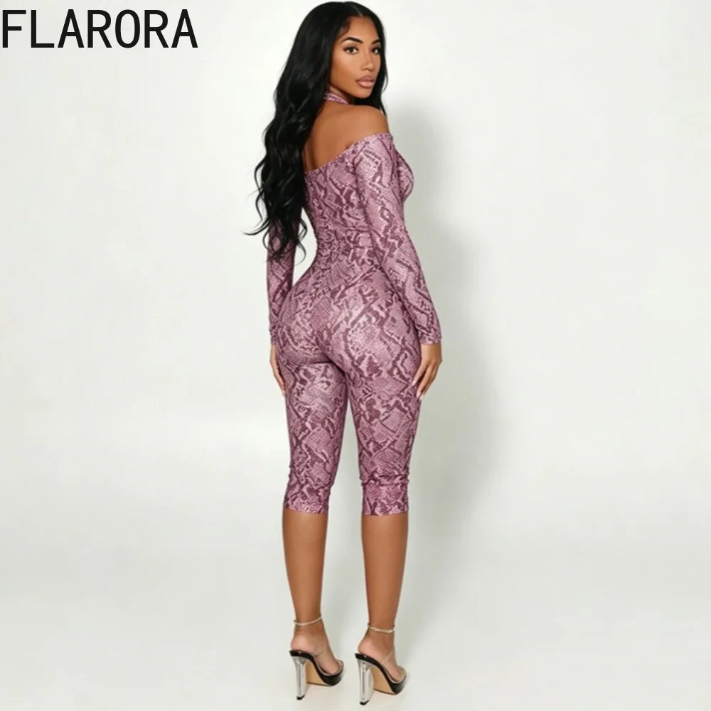 FLARORA Sexy Serpentine Print Jumpsuits Woman Halter Off-shoulder Full Sleeve Skinny Peach Hip Playsuits Hottie Party Clubwear