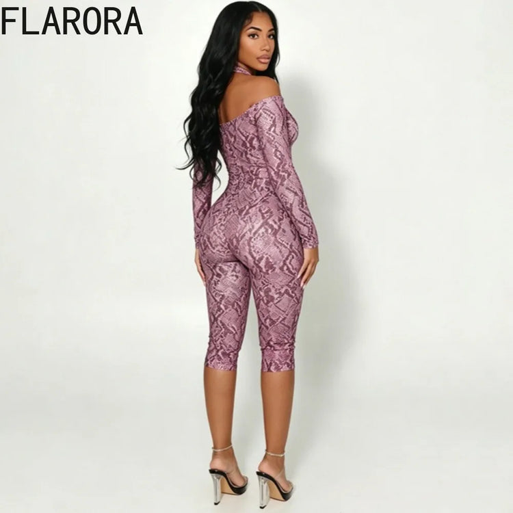 FLARORA Sexy Serpentine Print Jumpsuits Woman Halter Off-shoulder Full Sleeve Skinny Peach Hip Playsuits Hottie Party Clubwear