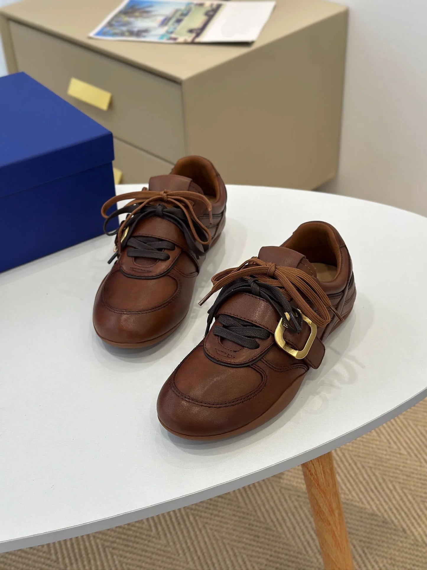 Women Leather Sneakers Gold-tone Buckle Strap