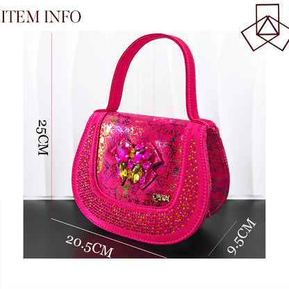 Print Design Mature Style Fuchsia Color Essential for Banquets, Exquisite HandBag with Sexy High-Heeled Peep Toe Lady Shoes