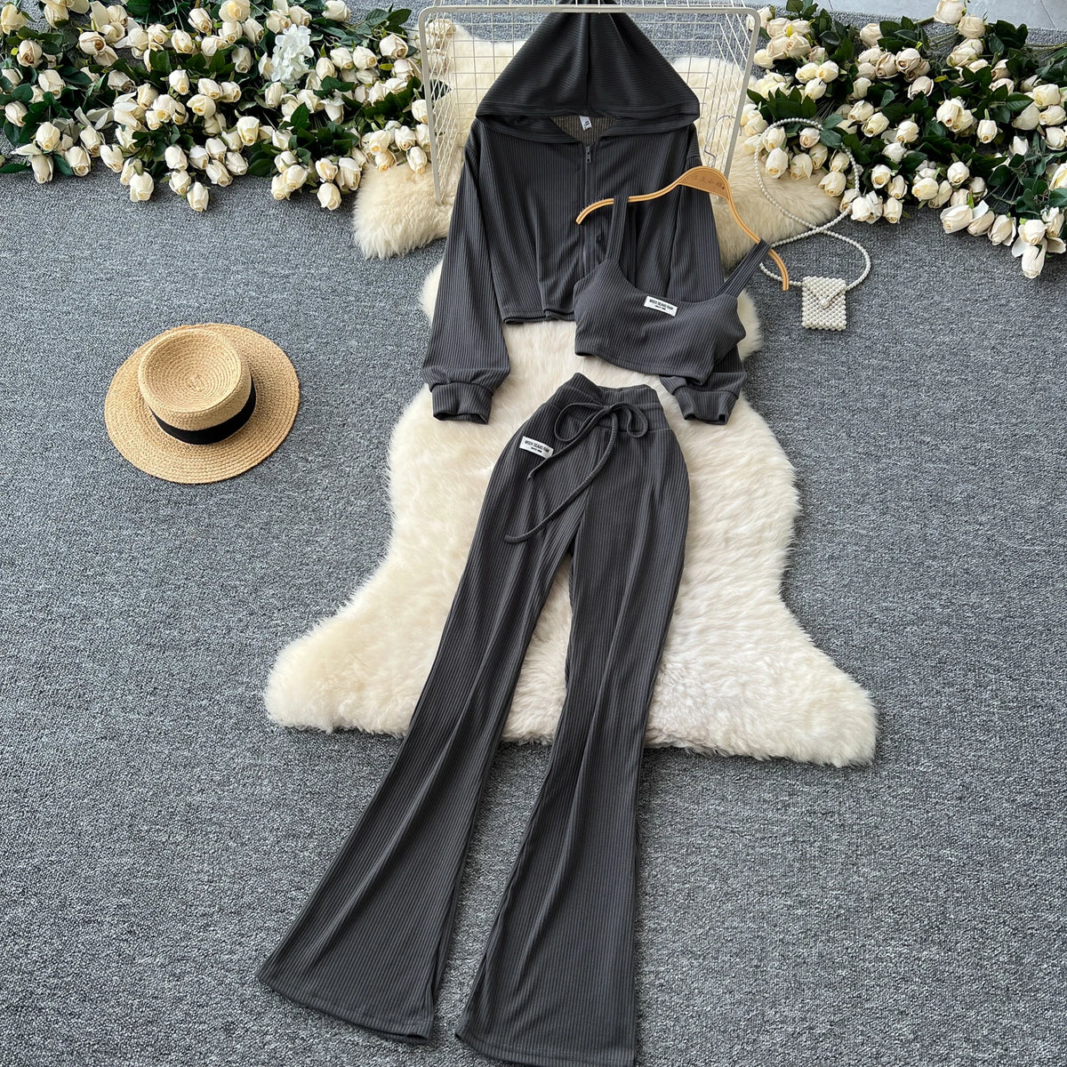 SINGREINY 2026 Autumn Sporty Suits Ladies Full Sleeves Hoodies+Sling Mini Camis+Drawstring Long Pants Casual Three Pieces Sets