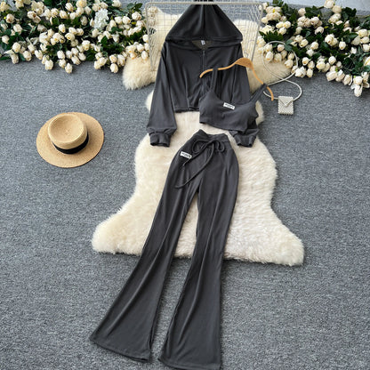 SINGREINY 2026 Autumn Sporty Suits Ladies Full Sleeves Hoodies+Sling Mini Camis+Drawstring Long Pants Casual Three Pieces Sets