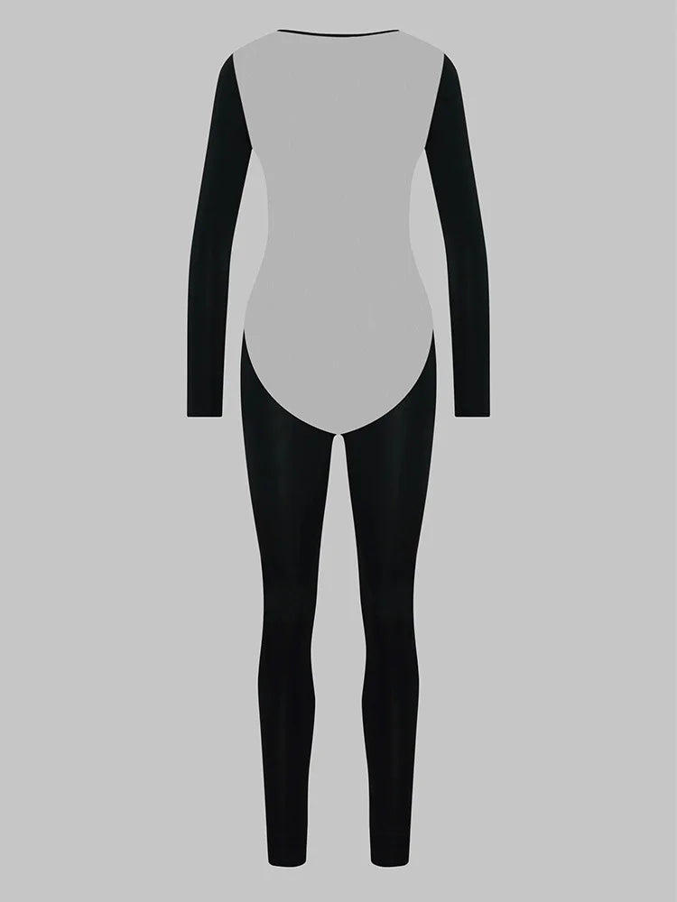 Summer Slim Fit Midi One-piece Women's Sexy Sheer Mesh Insert Long Sleeve High Neck Black Bodycon Party Clubwear One-piece Pants