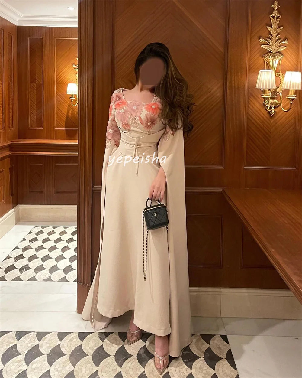 Customized Intricate Matching Jersey Sash Flower Beading Pleat Straight Square Neck Midi Dresses Bespoke Occasion Dresses Retro