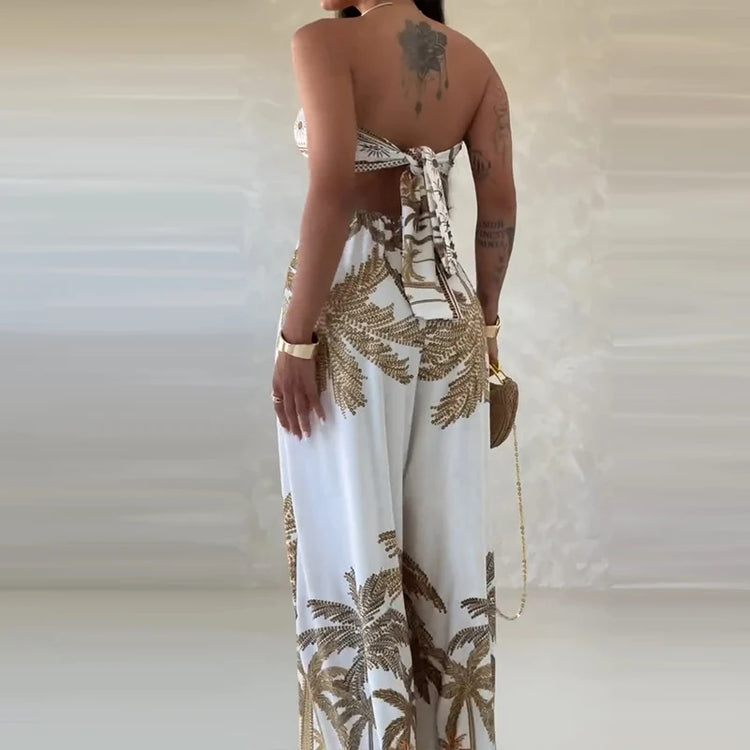 Summer Hollow Off Shoulder Overalls Spring Pattern Print Wide Leg Pants Jumpsuits Sexy Strapless Backless Lace-up Women's Romper