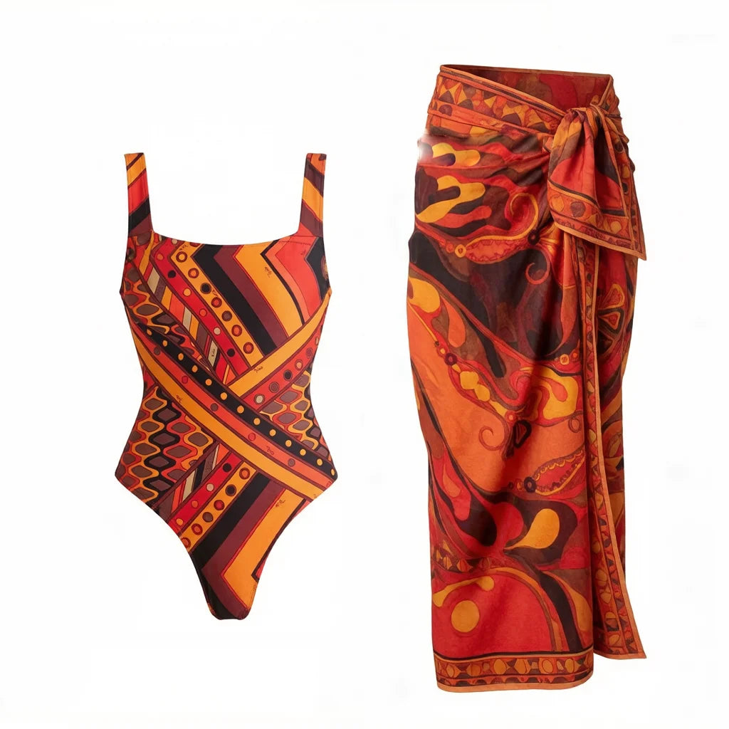 2026 New Long Sleeve Vintage Print One Piece Swimwear Zipper Women Bathing Suit And Wrap Skirt Surfing Swim Suit Beachwear