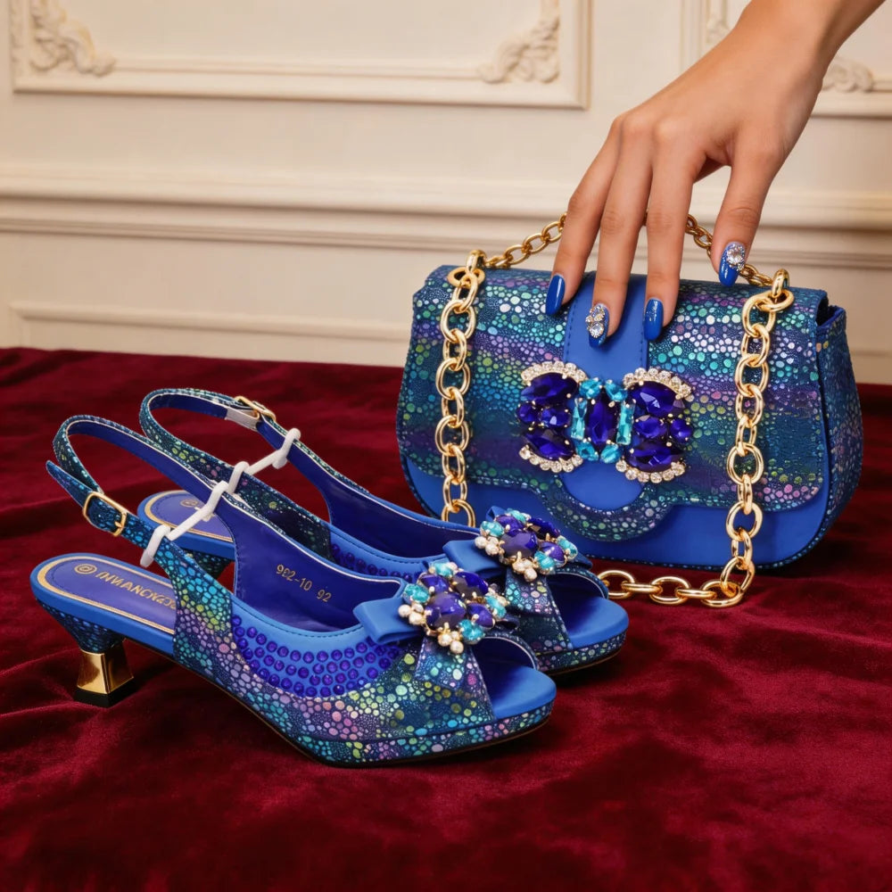 Nigerian Heel Party for Women Gold Color Shoes and Bag Set Rhinestone Handbag Italian Design Wedding Pumps Women Shoes Luxury