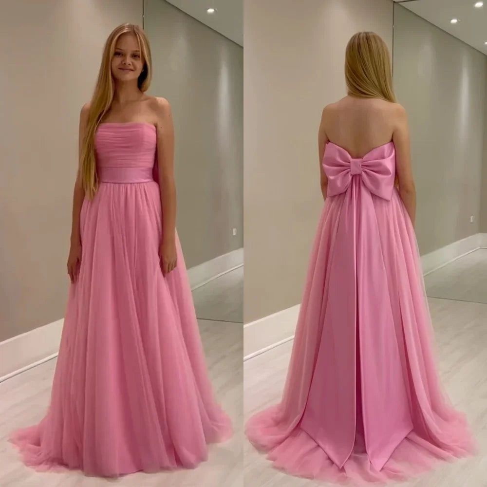 Customized Net Draped Sash Bow Graduation A-line Strapless Bespoke Occasion Gown Long Dresses