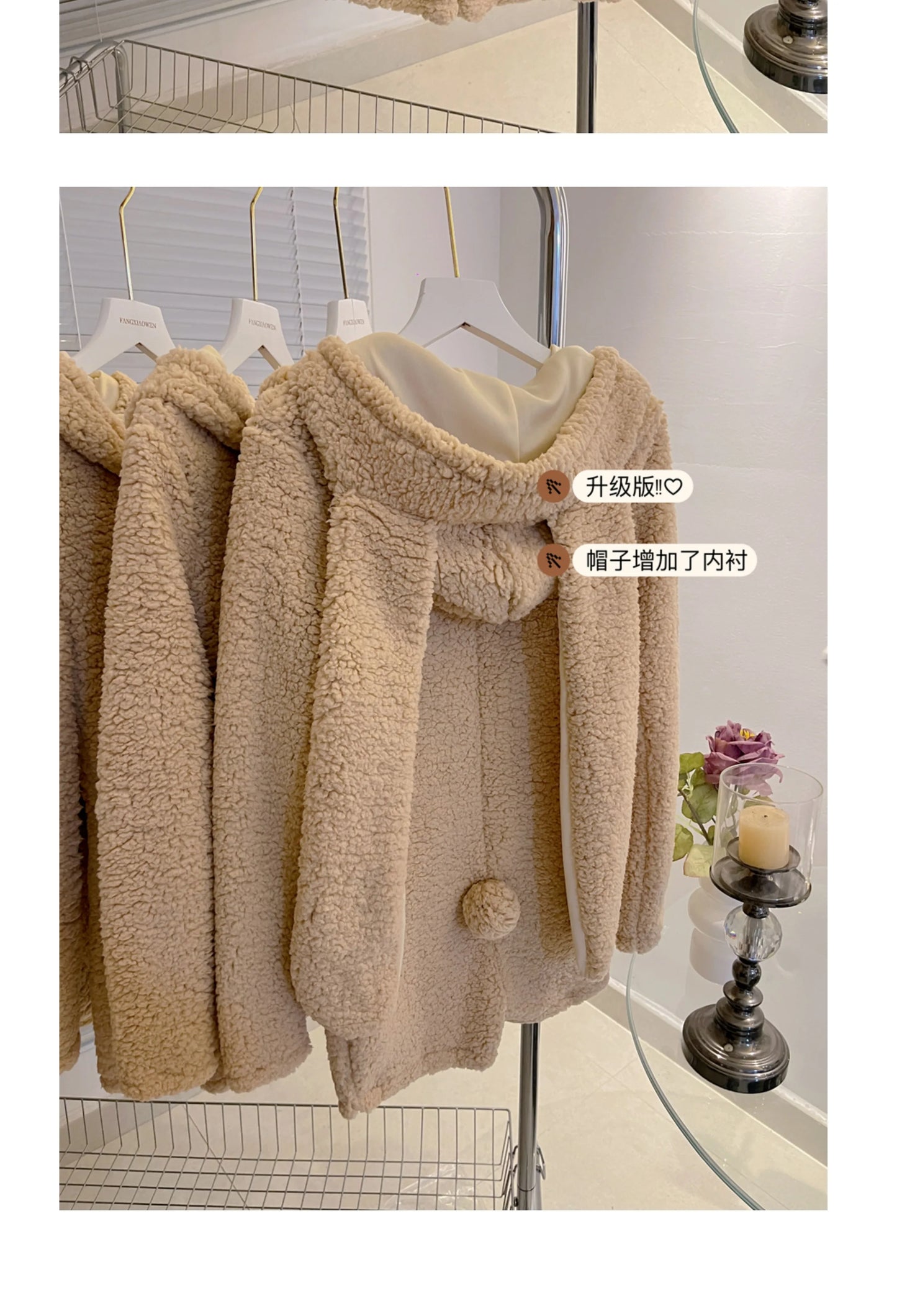 Pink Rabbit Hooded Fluffy Jumpsuits Sweet Zipper Long Sleeve Solid Color Rompers Flannel Onesie Shorts Pajamas Loungewear