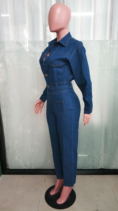 Streetwear Denim Jumpsuits Autumn Clothing Women Full Sleeve Button Up Jeans Long Rompers Playsuits One Pieces Overalls Outfits