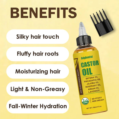 7-in-1 Hair Oil 118ml No-Rinse Set (Oil + Comb) – Castor, Rosemary & Lavender for Split Ends, Shine & Frizz Control