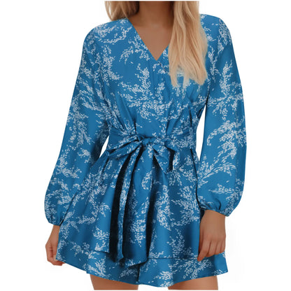 Hot-selling Women's Jumpsuits V-neck Flared Sleeves High Waist Plant Printed Pleated Lace-up Fashion High Street Playsuits