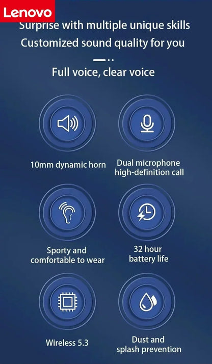 Lenovo Sports Wireless Headphones BT 5.3 over Ear Ture Buds with Earhooks Waterproof Sports Earphones Running in-Ear Headset
