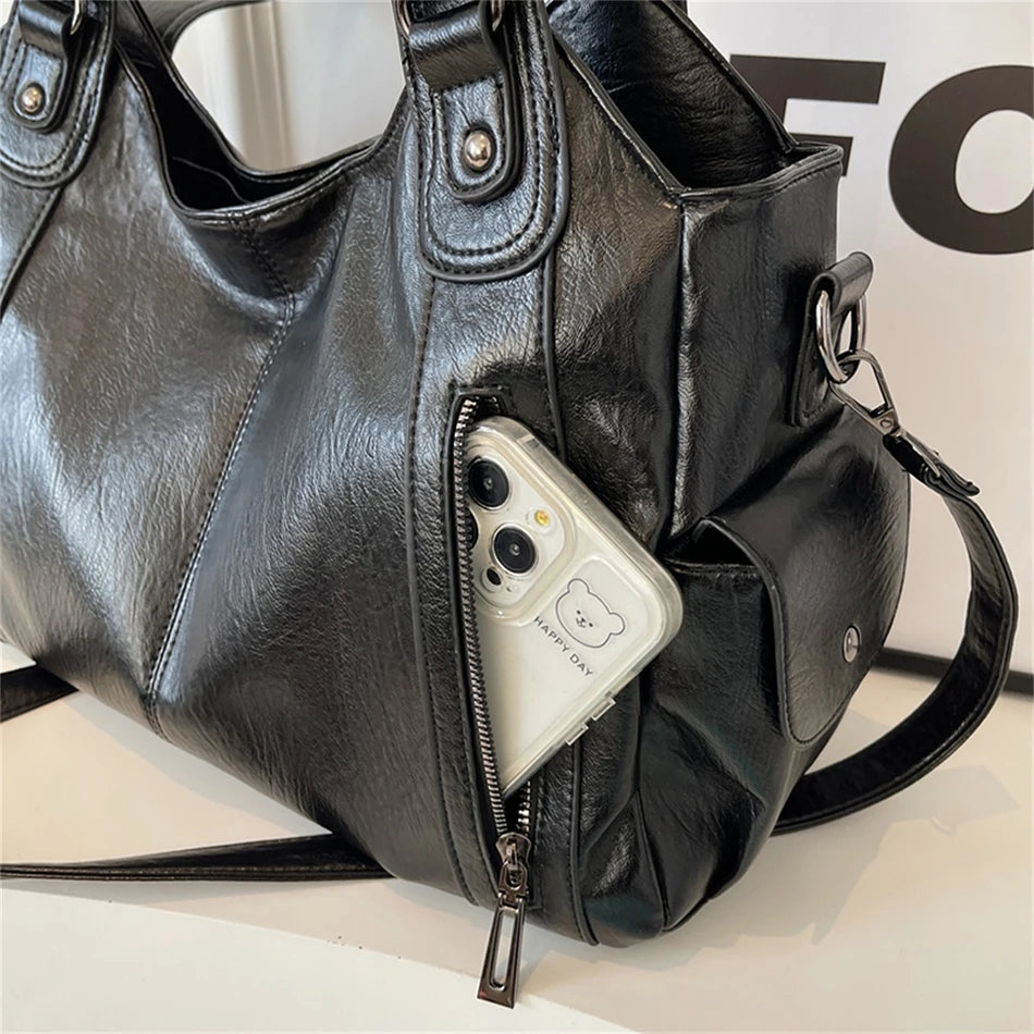 New Large Capacity Soft Leather Women's Handbag Fashion Trend Designer Women Shoulder Bag Simple Retro Female Travel Bags Sac