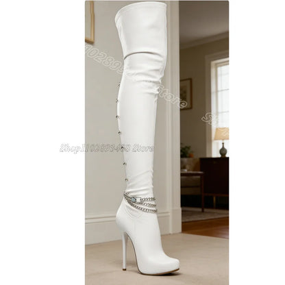 White Chain Rivet Decor Boots Solid Side Zipper British Style Dress New Stylish Women Sexy Over Knee Boots Zapatos Para Mujere