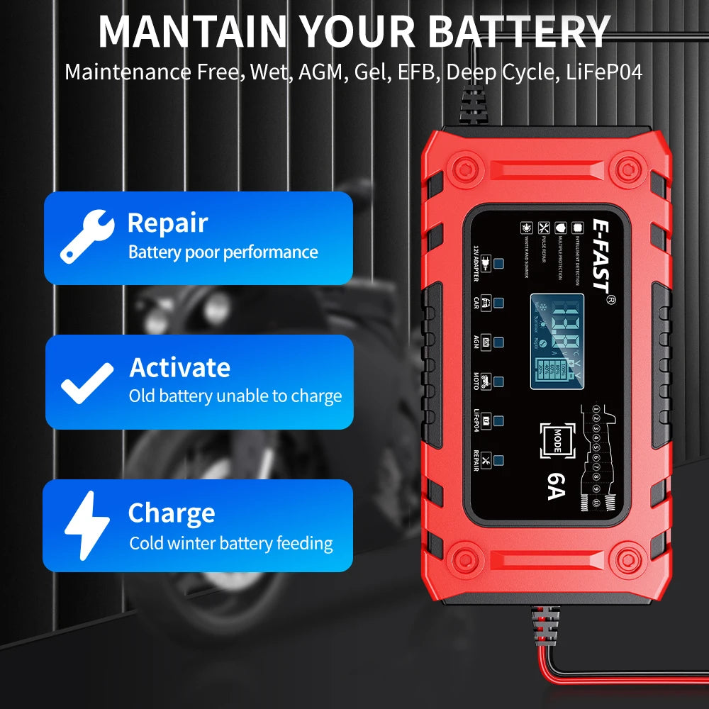 Smart 12V 6A Battery Charger For AGM LiFePO4 Cars Motorcycles Lawn Mowers