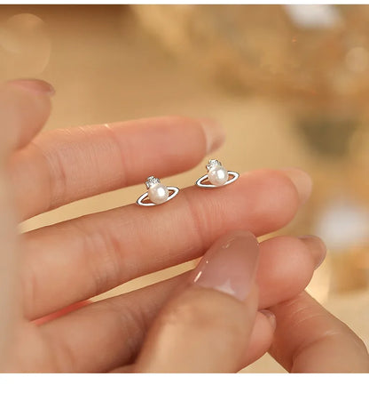 Fashionable Simple 999 Sterling Silver Zircon Planet Shell Earrings for Women Exquisite Light Luxury Jewelry