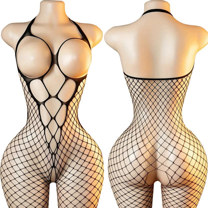 High Neck Fishnet Hollow Bodysuits For Women Sexy Long Sleeve Crotchless Jumpsuits Erotic Outfits Mesh See Through Teddy Rompers