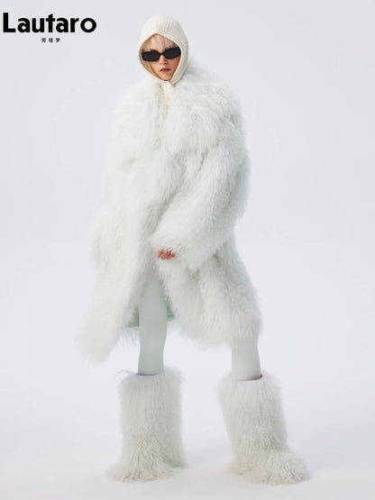 Lautaro Autumn Winter Long Oversized White Thick Warm Soft Faux Fur Coat Women Loose Stylish Luxury Fluffy Overcoat Streetwear