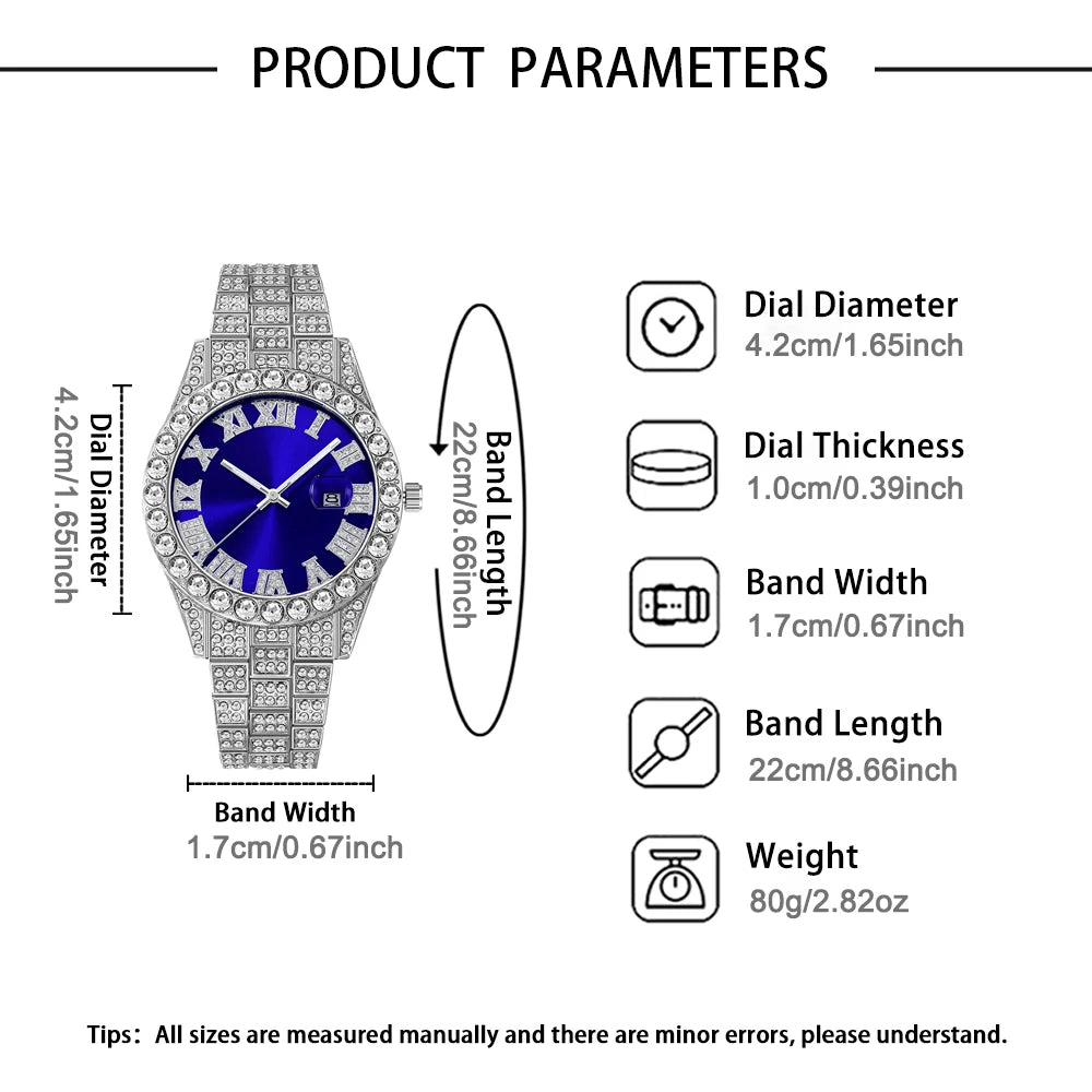 Men's Hip-Hop Watch Retro Quartz Watch, Oversized Rhinestone Dial and Durable Stainless Steel Strap, Suitable for Men