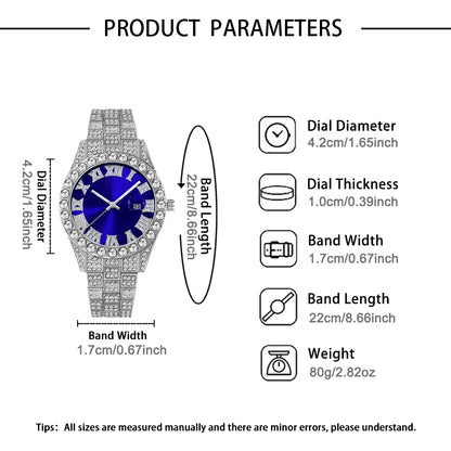 Men's Hip-Hop Watch Retro Quartz Watch, Oversized Rhinestone Dial and Durable Stainless Steel Strap, Suitable for Men